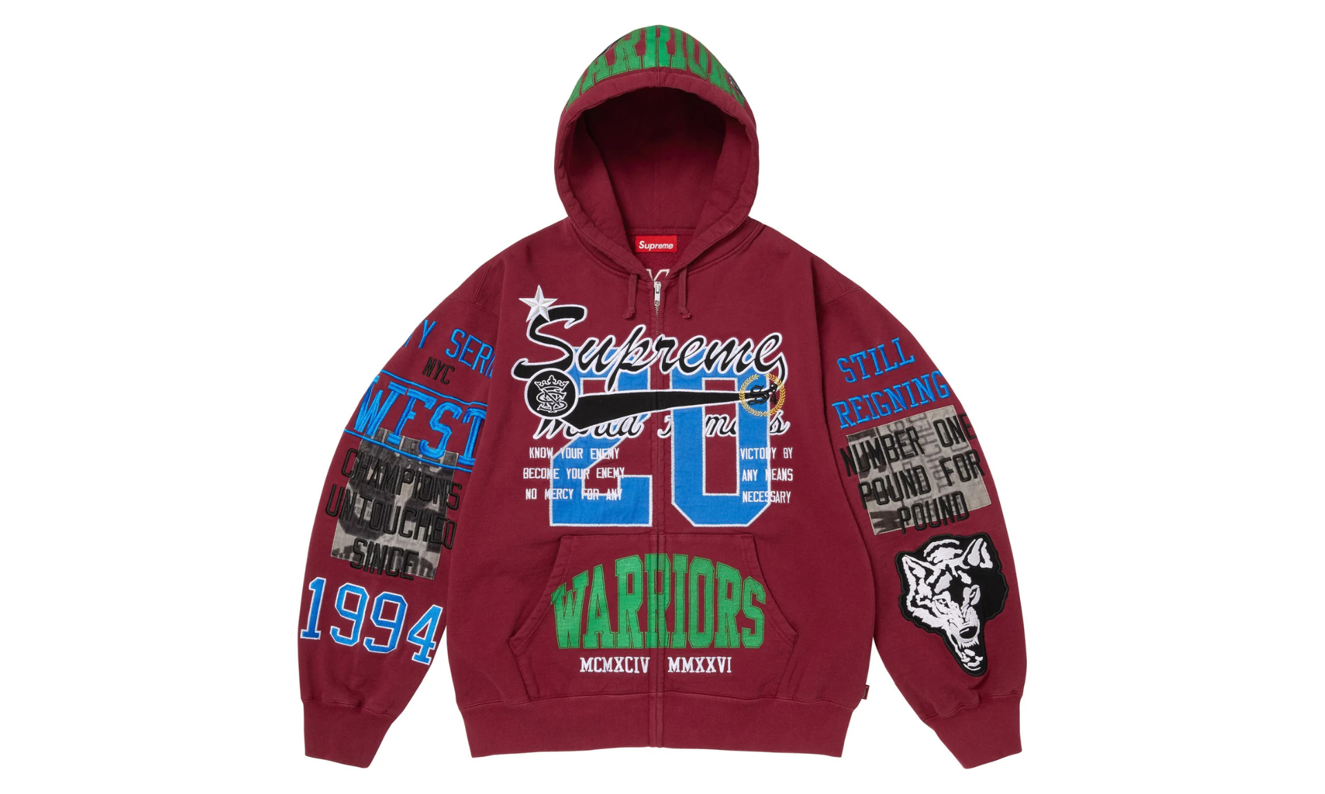 Supreme Warriors Appliqué Zip Up Hooded Sweatshirt Cardinal