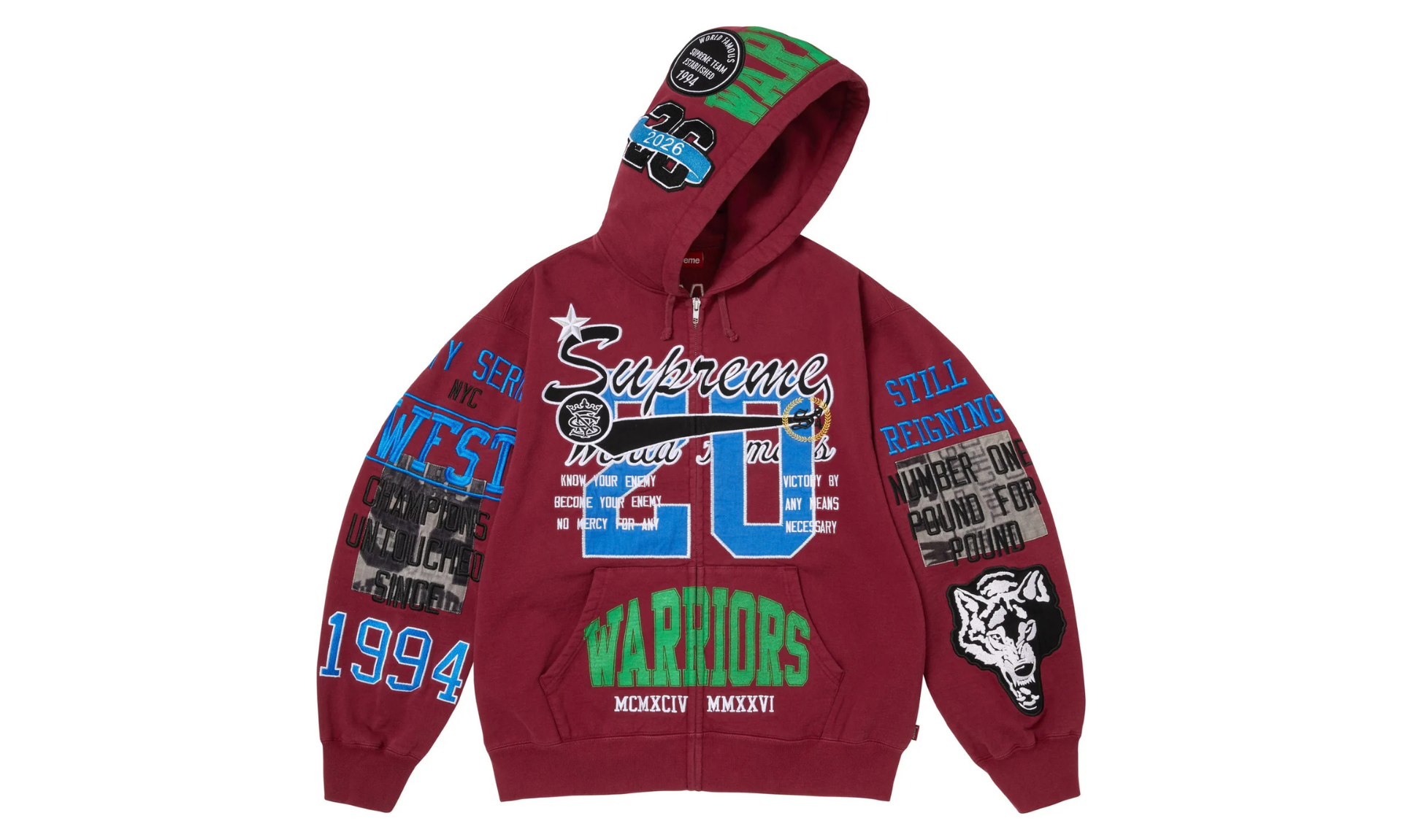 Supreme Warriors Appliqué Zip Up Hooded Sweatshirt Cardinal