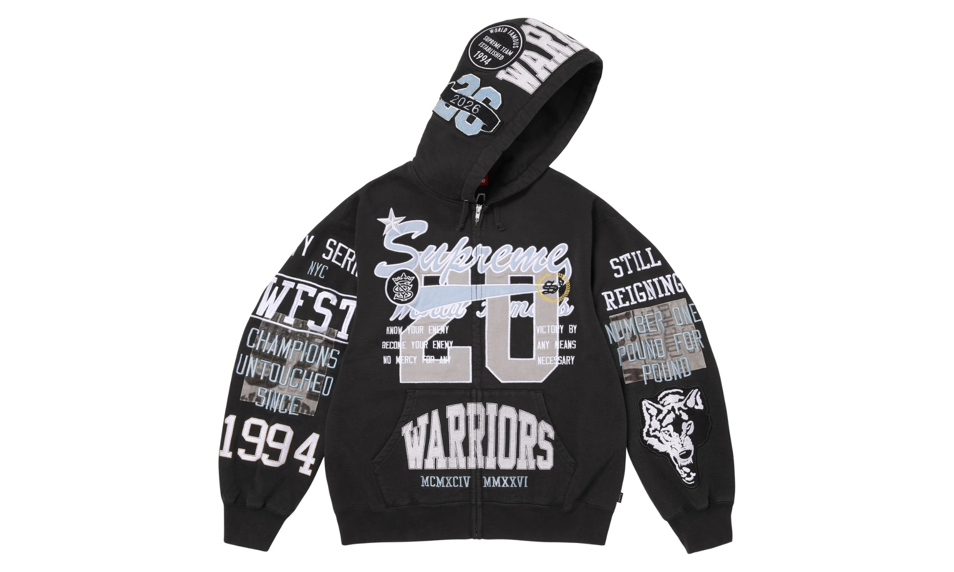 Supreme Warriors Appliqué Zip Up Hooded Sweatshirt Black