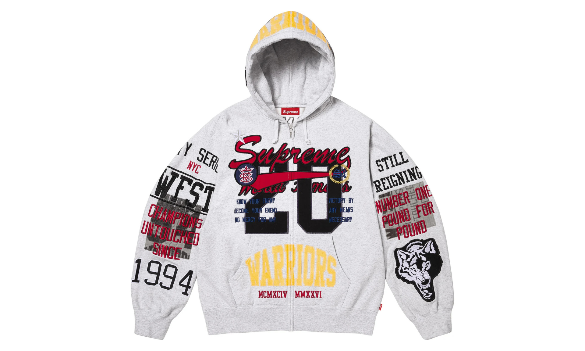 Supreme Warriors Appliqué Zip Up Hooded Sweatshirt Ash Grey