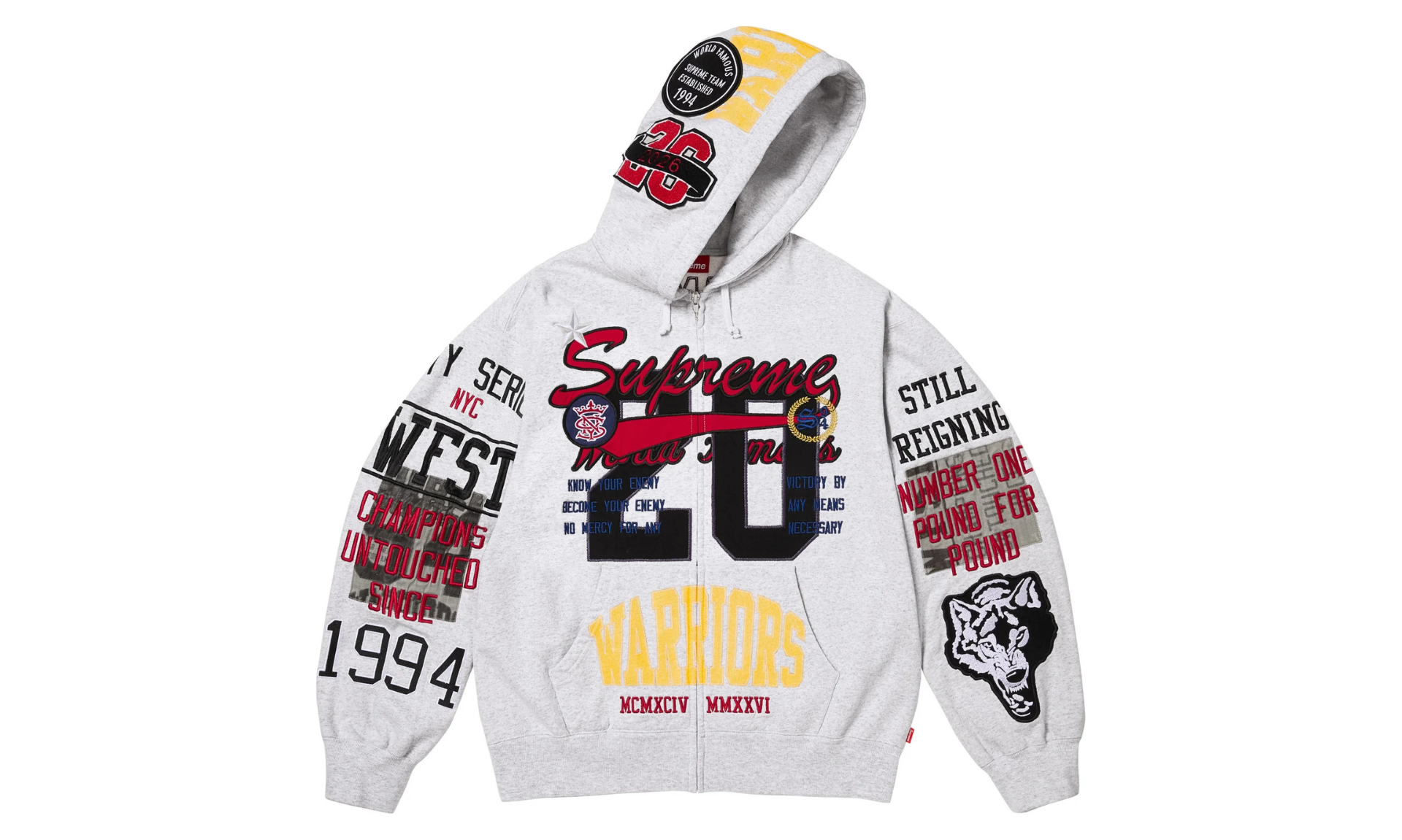 Supreme Warriors Appliqué Zip Up Hooded Sweatshirt Ash Grey