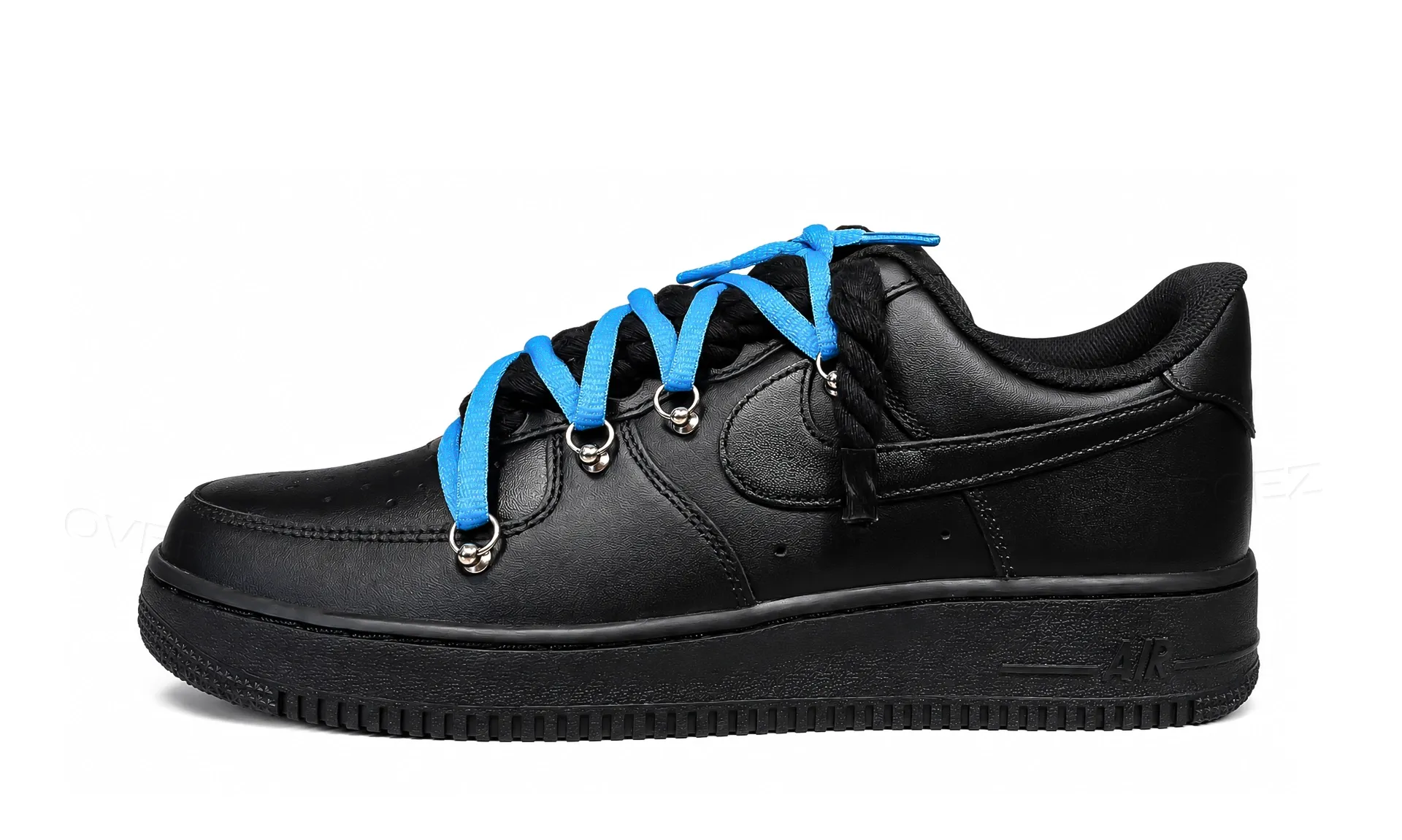 Nike Air Force 1 Low Black Double Rope Laces Light Blue