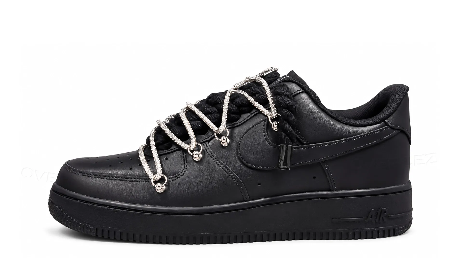 Nike Air Force 1 Low Black Double Rope Laces Silver Chain